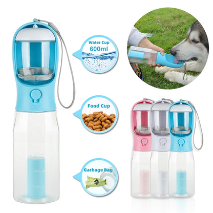 3-in-1 portable pet water bottle in turquoise, pink, and white – all colour options