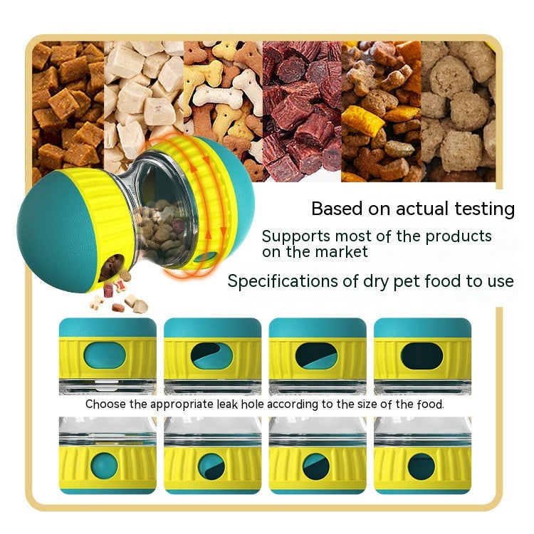 Adjustable treat opening on dog puzzle tumbler toy for difficulty control