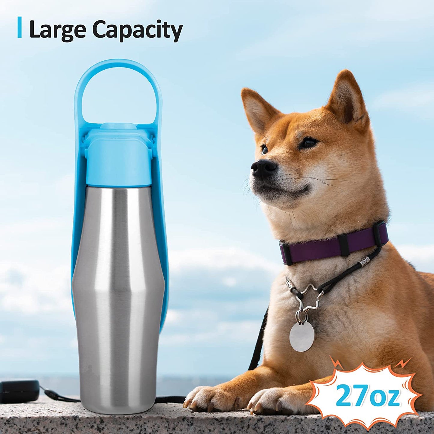 AquaLeaf stainless steel pet water bottle full colour lineup hero shot for dogs cats and small pets