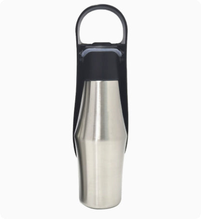 Black AquaLeaf 750ml stainless steel dog water bottle with silicone leaf bowl folded flat for travel