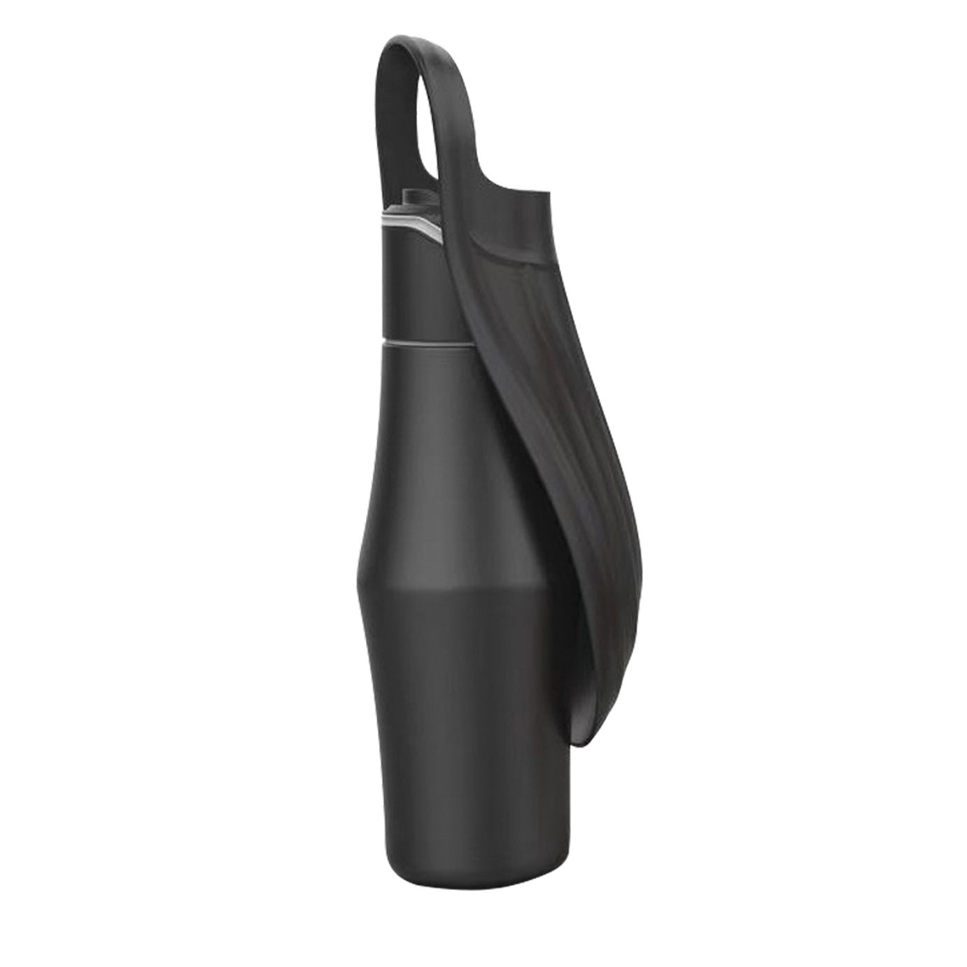 Black AquaLeaf pet water bottle size reference showing 30.5 x 8.9cm slim design fitting in car cup holder