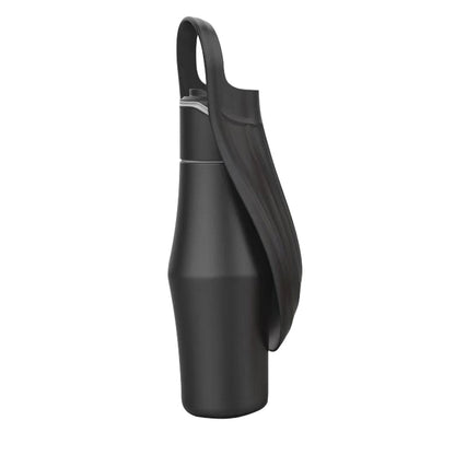 Black AquaLeaf pet water bottle size reference showing 30.5 x 8.9cm slim design fitting in car cup holder