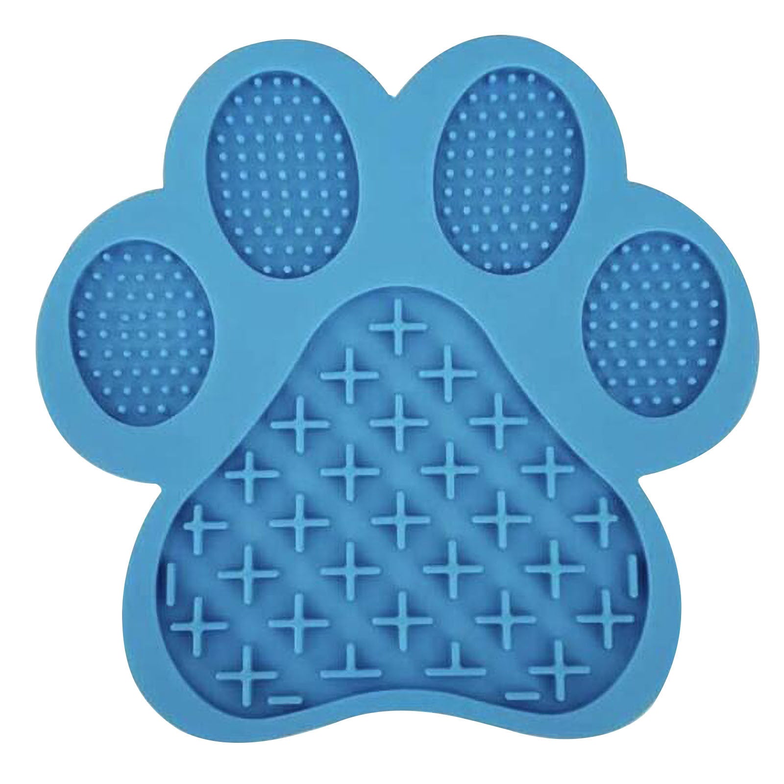 Blue LickEase silicone lick mat paw shape for dogs and cats — bath time distraction and slow feeding

