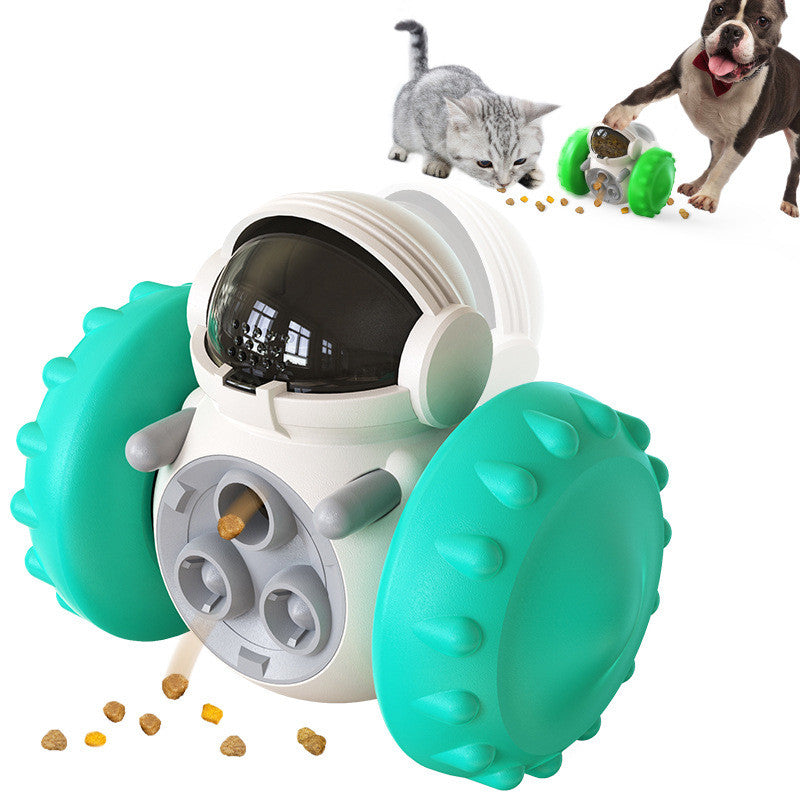 Blue WobbleTreat pet tumbler treat dispensing toy for dogs and cats — side view showing treat opening

