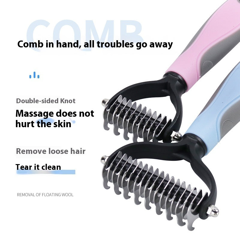 Blue small pet dematting comb with stainless steel teeth – front view