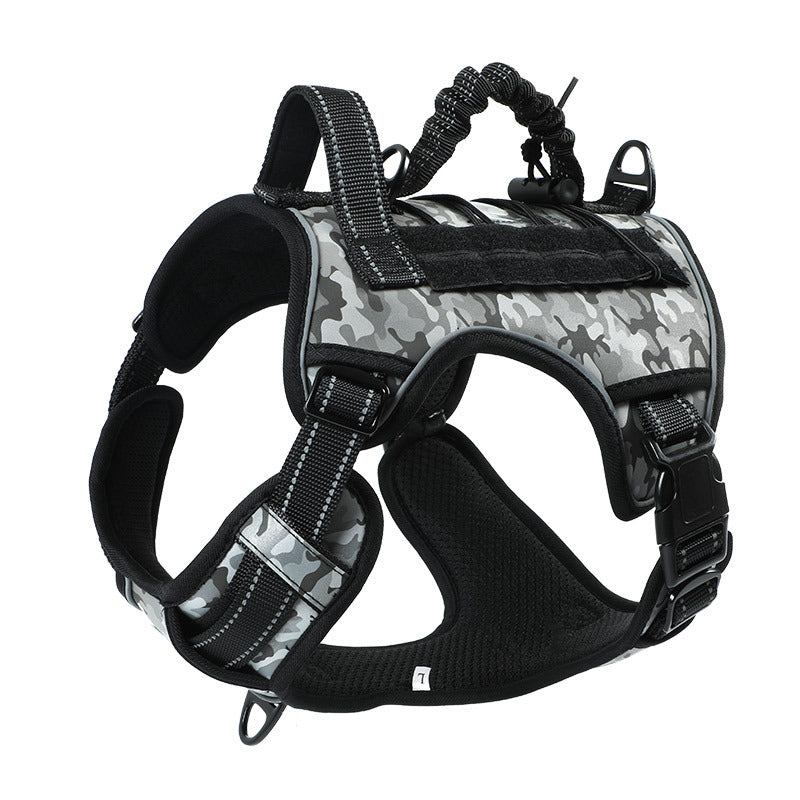 Camouflage black TactiPet no-pull tactical pet harness – weather-resistant nylon