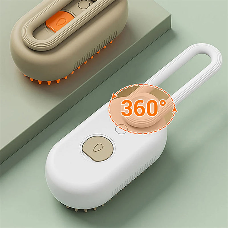 Cat being groomed with 3-in-1 electric steam brush – massage and detangling