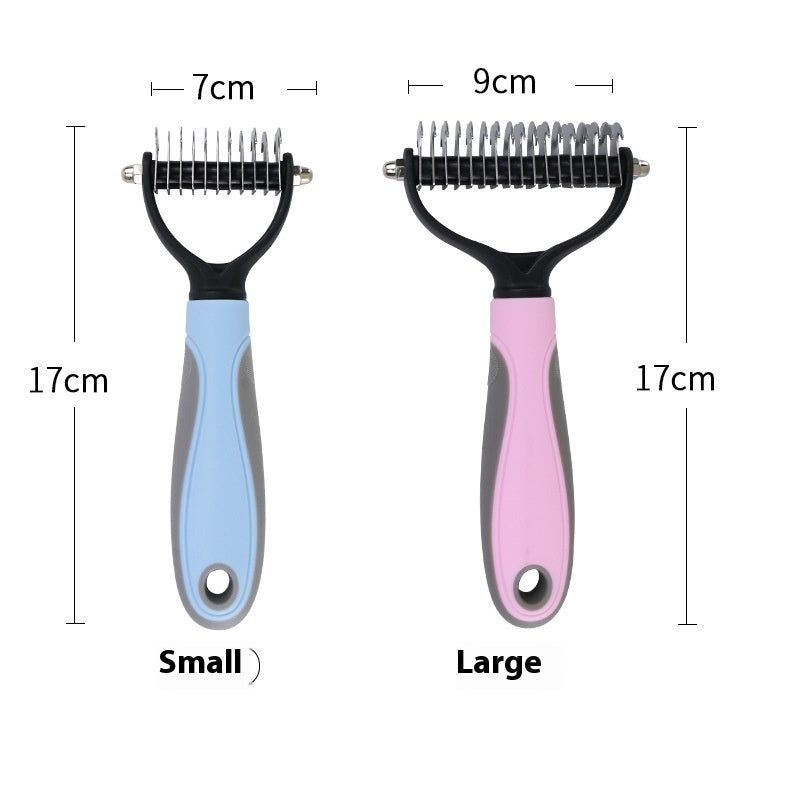Close-up of coarse and fine teeth on double-sided pet dematting comb