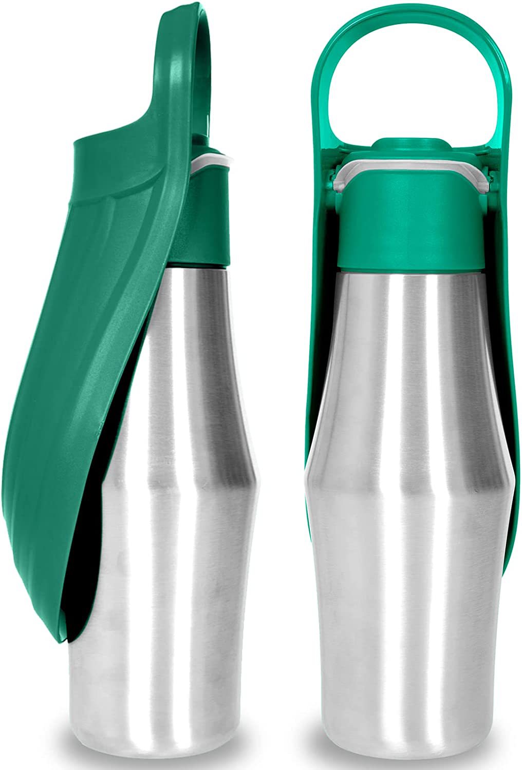 Dark green AquaLeaf 750ml pet water bottle with soft silicone leaf bowl open for dog drinking outdoors
