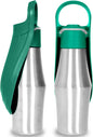 Dark green AquaLeaf 750ml pet water bottle with soft silicone leaf bowl open for dog drinking outdoors
