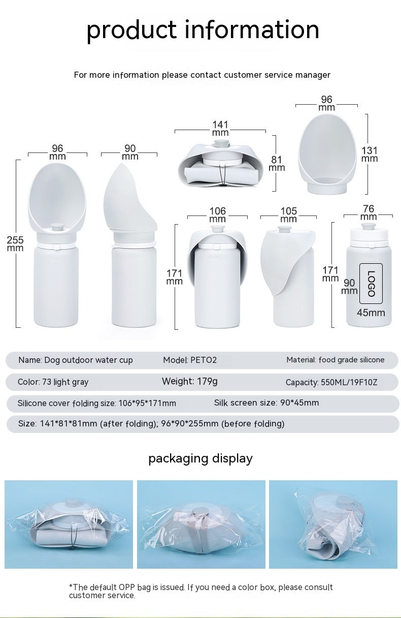 FoldSip dog water bottle unfolded showing 550ml capacity – BPA-free silicone pet bottle
