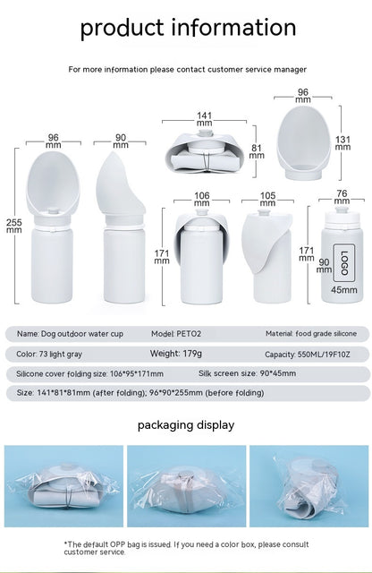 FoldSip dog water bottle unfolded showing 550ml capacity – BPA-free silicone pet bottle
