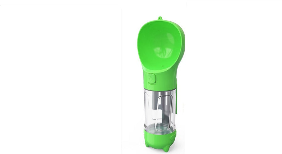 Green 300ml portable pet water bottle with one-press dispenser for outdoor dog and cat hydration