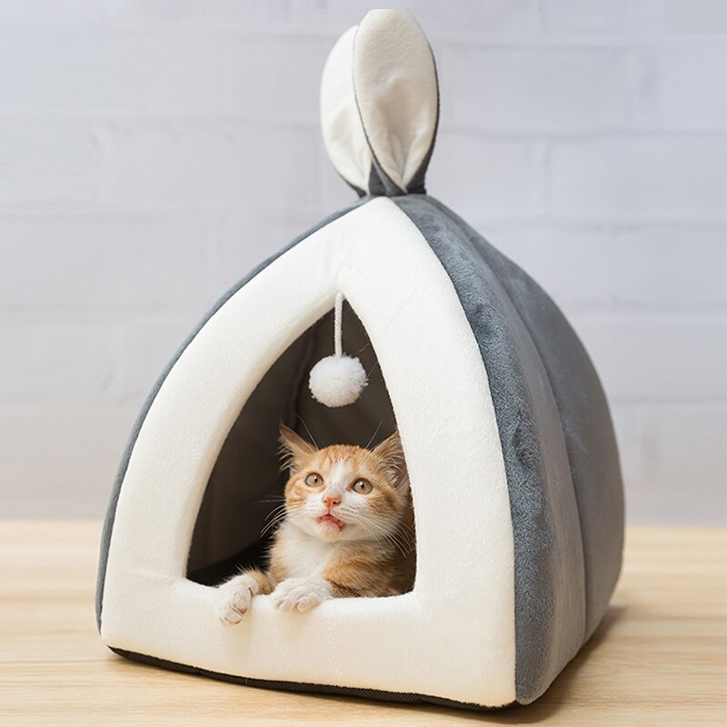 Grey rabbit ear pet nest bed for cats and dogs – plush Arctic velvet