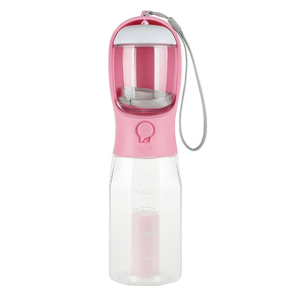 One-handed push-button water release on 3-in-1 pet travel bottle