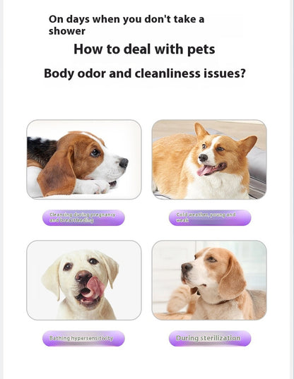 Pet owner using PawWipe cleaning glove to wipe down dog coat — removes dirt and odour without water

