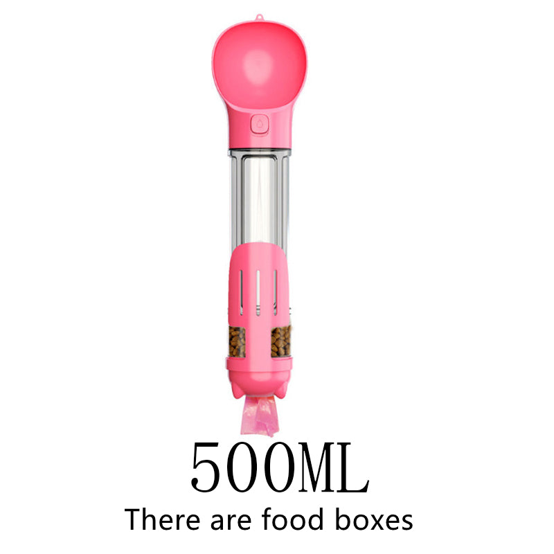 Pink 500ml pet water bottle with food box set laid out showing all included accessories for pet travel