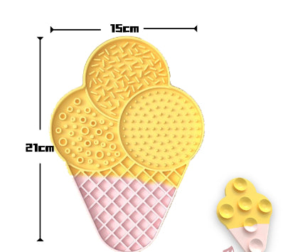 Pink and yellow ice cream cone print LickEase silicone lick mat for cats and small dogs — soft treat feeder

