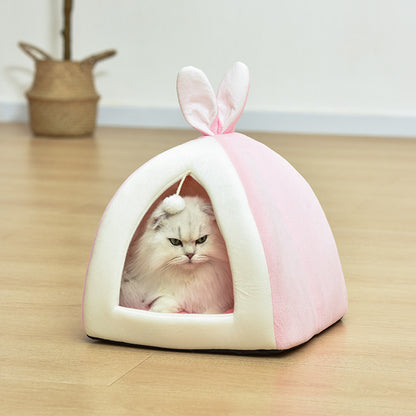Pink rabbit ear pet nest bed for cats and dogs – soft PP cotton filling