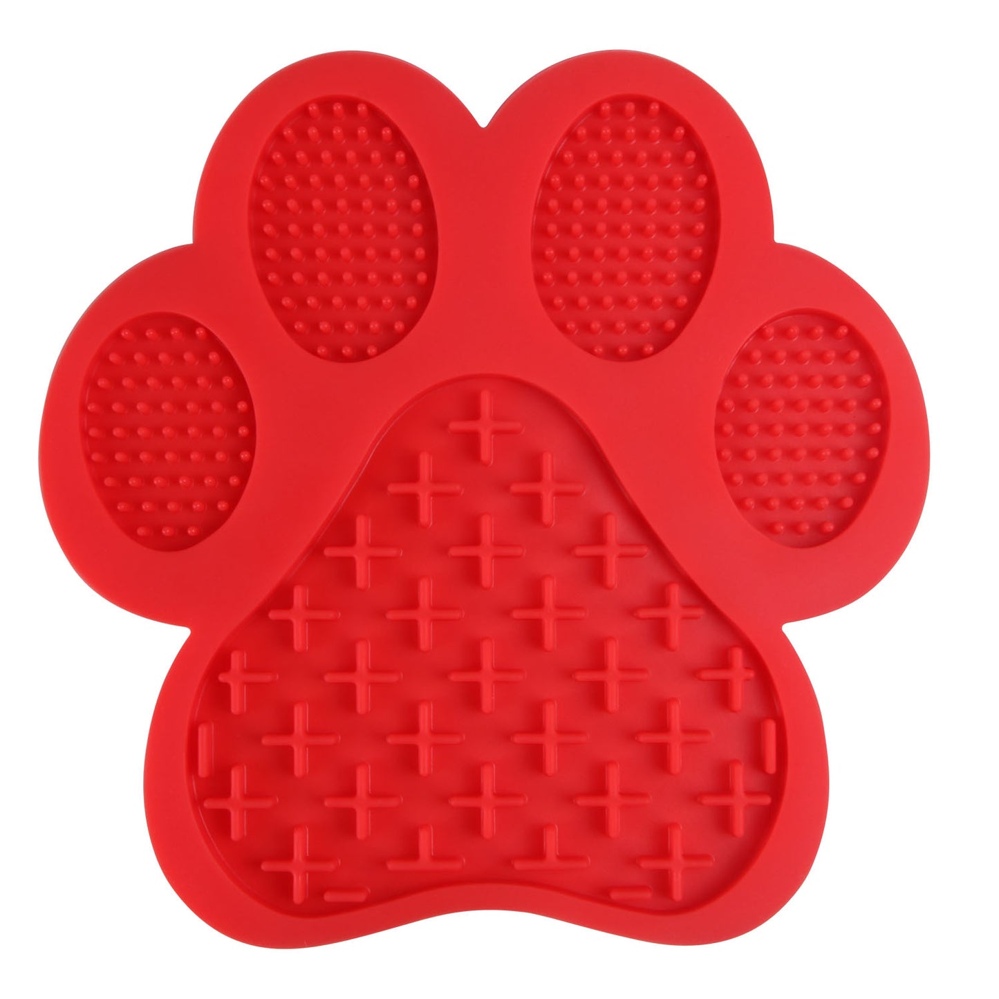 Red LickEase silicone lick mat paw shape for dogs cats and rabbits — slow feeding and anxiety relief