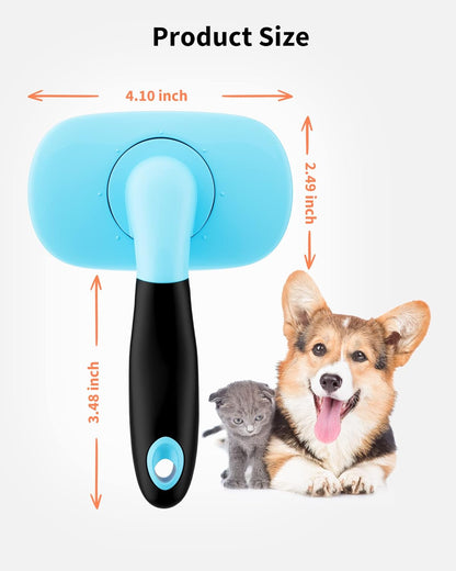 Self-cleaning pet slicker brush showing one-click clean button