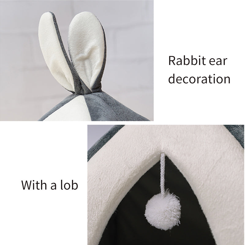 Small dog sleeping in grey rabbit ear nest bed – ultra-soft interior