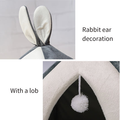Small dog sleeping in grey rabbit ear nest bed – ultra-soft interior
