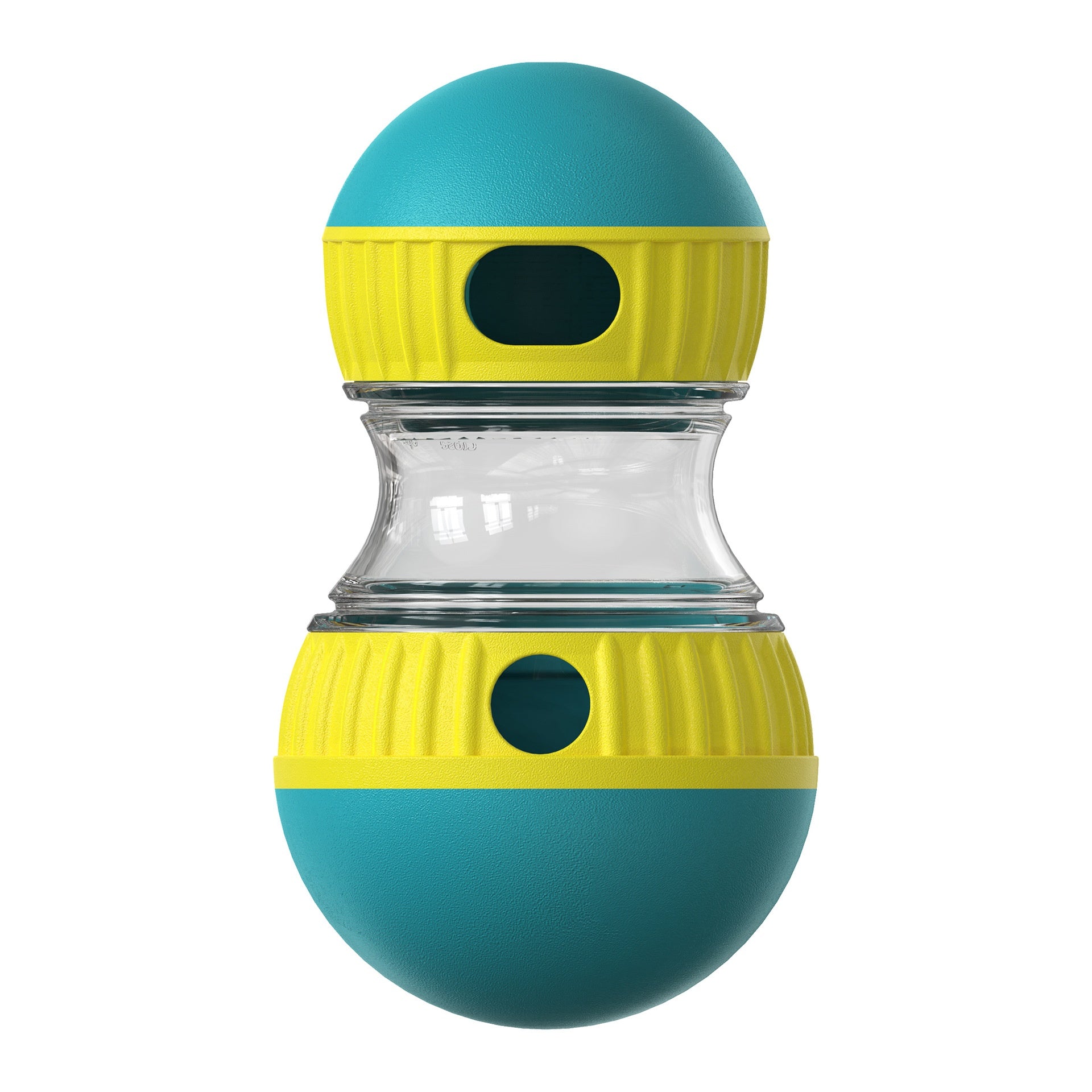 Soft rubber roller ends on dumbbell dog treat dispenser toy