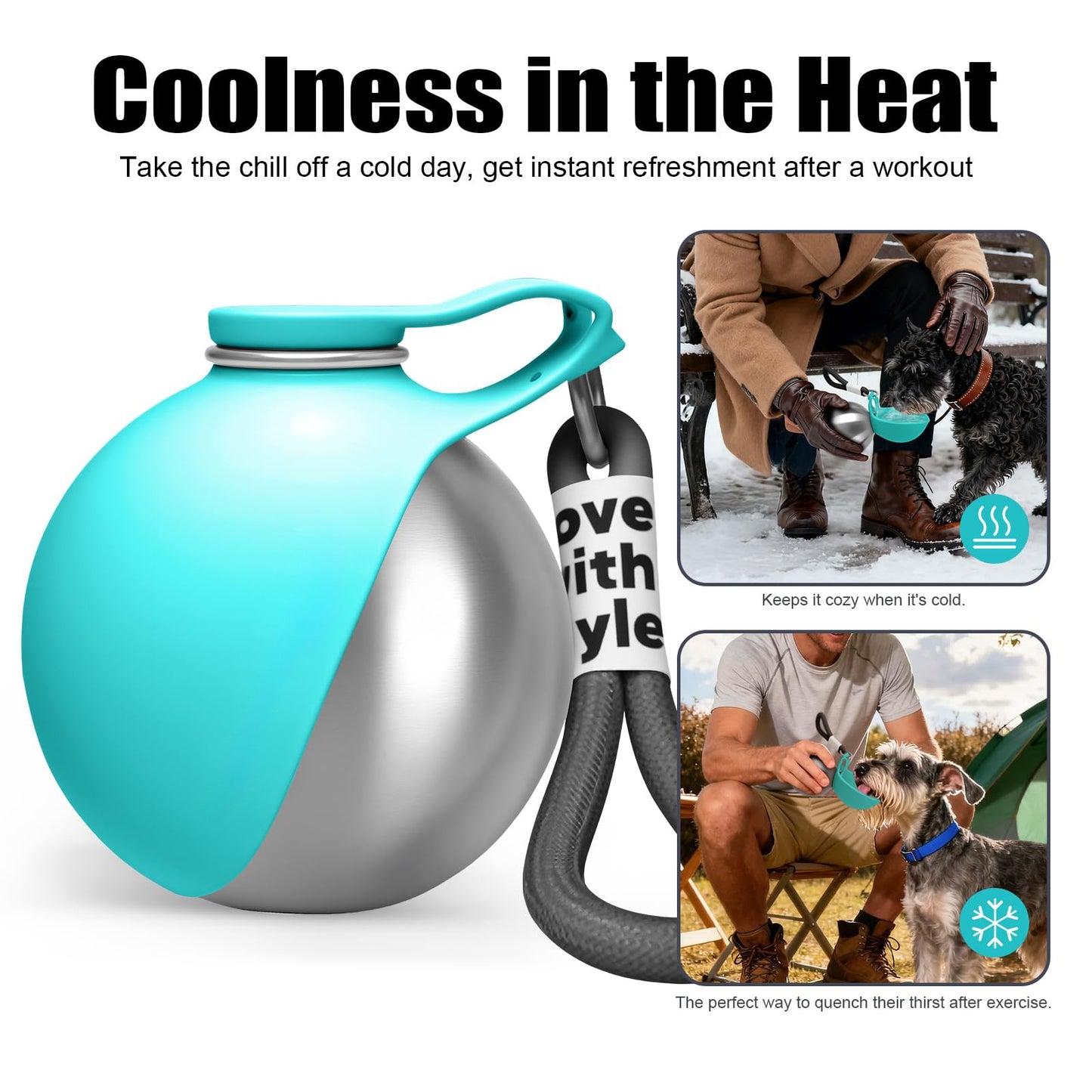 Stainless steel dog water bottle fitting into car cup holder