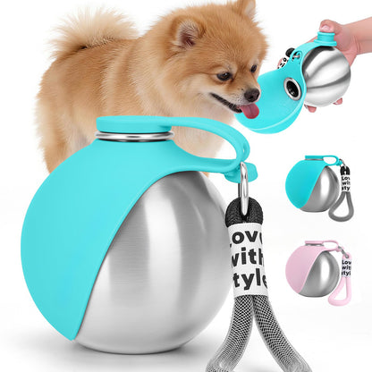 Stainless steel dog water bottle with silicone bowl – blue and pink colour options