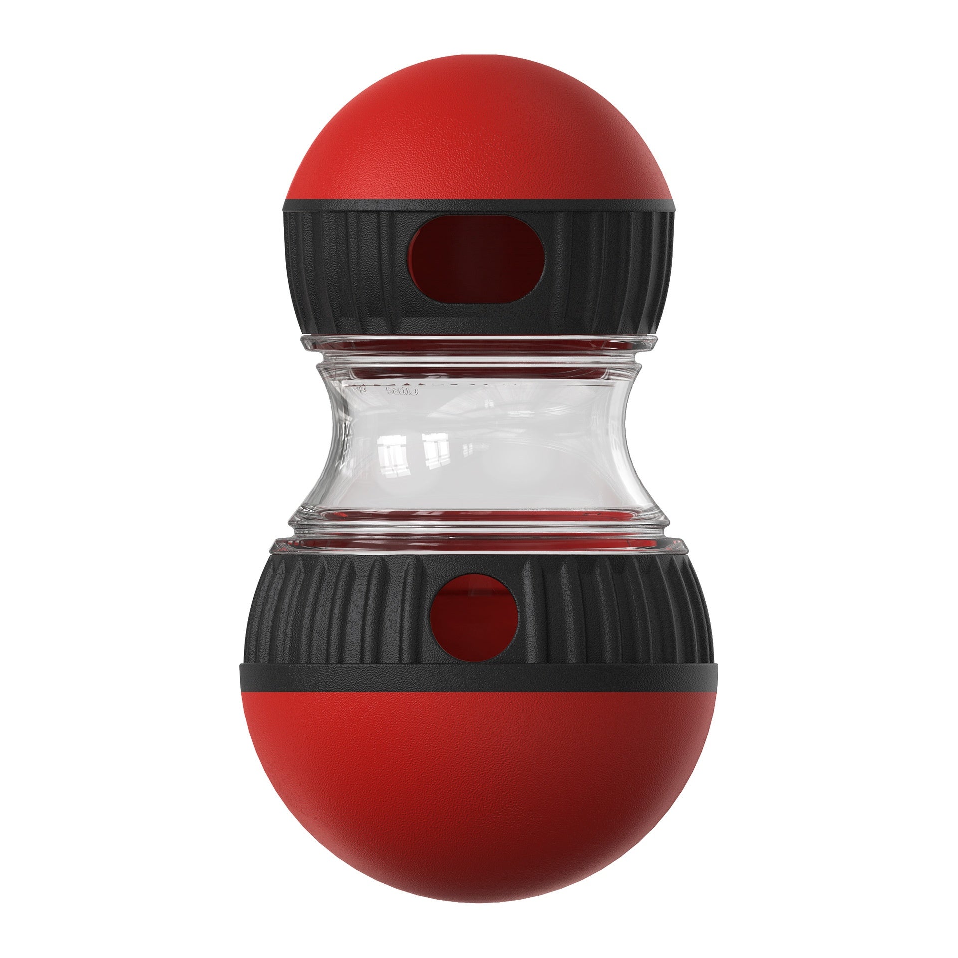 Tumbler treat dispenser toy filled with dry kibble for dog mealtime