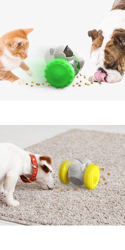 WobbleTreat pet tumbler toy all colour variants flat lay — yellow blue green black white treat dispensers for pets

