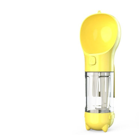 Yellow 300ml portable dog and cat water bottle with fold-out waste shovel and built-in bag dispenser