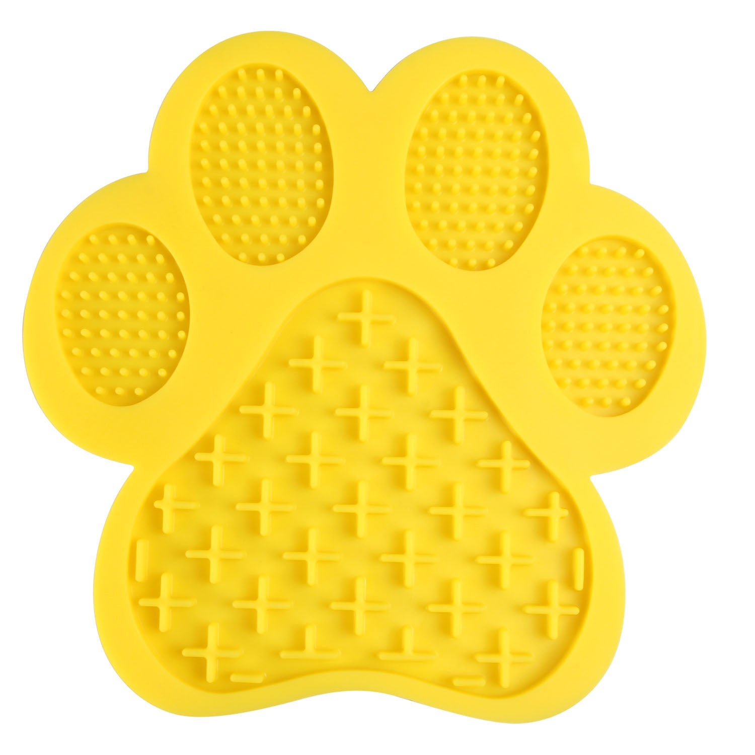 Yellow LickEase silicone lick mat paw shape for cats and small animals — treat enrichment mat

