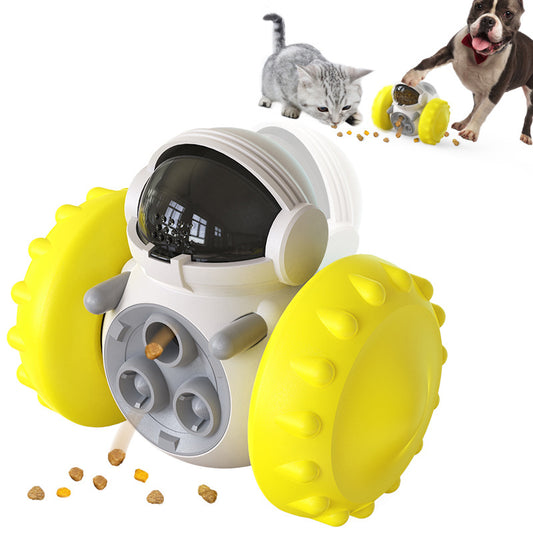 Yellow WobbleTreat pet tumbler treat dispensing toy for dogs and cats — front view on white background

