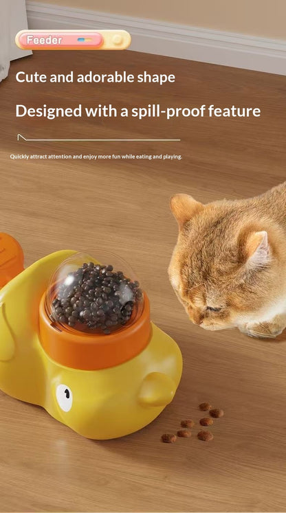 Yellow duck treat dispenser toy releasing kibble during play